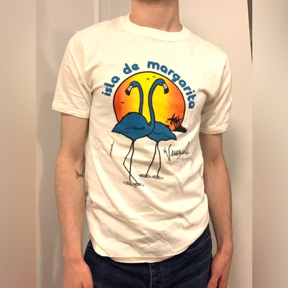 Vintage Isla De Margarita Venezuela Ovejita Shirt Mens Small White Short Sleeve